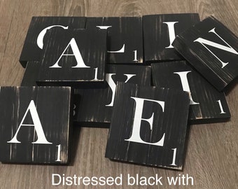 Distressed Black White Scrabble, Scrabble Wall Tiles, wall art, rustic scrabble, barnwood, personalized, wood letters, name, family