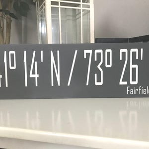 Longitude Latitude sign, home location sign, gps sign, coordinates sign, wall gallery, military sign, distressed, white, black, gray