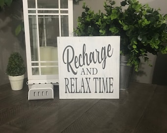 Relax Recharge sign, charging station sign, rustic, farmhouse, wood sign, distressed, gray, white, black, rustic, phone charge sign