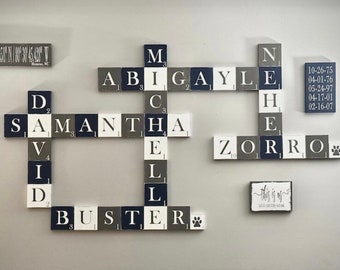 Different color scrabble wall letter tiles, white, cream, gray, navy, brown, black, wall letters, distressed scrabble, solid color