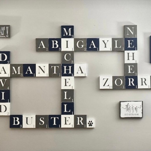 Different color scrabble wall letter tiles, white, cream, gray, navy, brown, black, wall letters, distressed scrabble, solid color