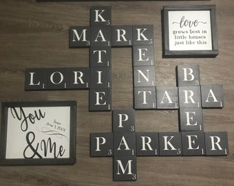 Scrabble wall decor, hand painted, scrabble tiles, family wall, childrens name, gray, white, black, large, letters, blended family wall, big