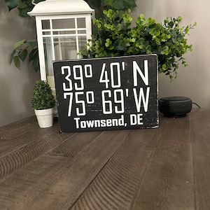 Longitude latitude location sign, small sign, gps coordinate sign, black, white, gray, navy, brown, cream, distressed, location sign, wood