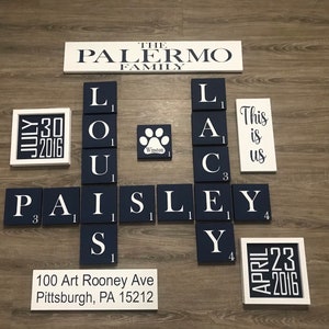 Navy Blue Scrabble Letters, Scrabble Wall Tiles, wall art, rustic scrabble, Scrabble board, personalized, wood letters, name, family, white