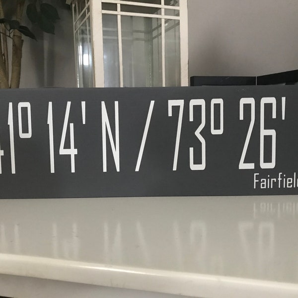 Longitude Latitude sign, home location sign, gps sign, coordinates sign, wall gallery, military sign, distressed, white, black, gray