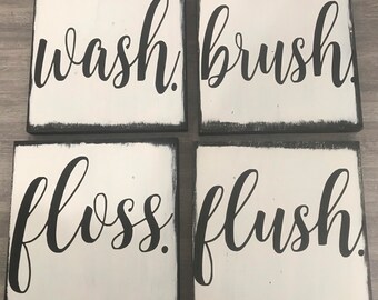 Wash Brush Floss Flush, bathroom wood sign set, kid bathroom decor, Rustic Wall Decor