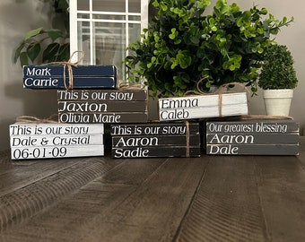 Farmhouse book stack with names, wooden bookstacks, shelf decor, family names, gray, white, black, cream, navy, brown, Rustic shelf decor