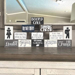 Small Bathroom signs, funny bathroom decor, shelf decor, block signs, restroom sign, bathroom humor, black, gray, navy, white, brown,