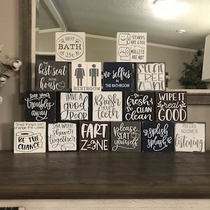 Bathroom signs small, funny bathroom decor, shelf decor, block signs, restroom sign, bathroom humor, black, gray, navy, white, brown,