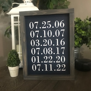 Family birthday date sign, framed 9x12 date sign, important date, personalized date family sign, family wall gallery sign, navy blue