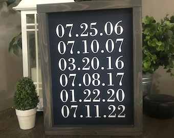 Personalized Family Birthday Date Sign, Navy 9x12 Framed Wood Sign