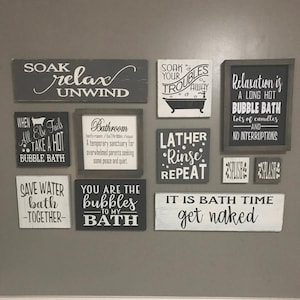 Bathroom wood signs, Design own gallery wall, Bathroom sign sets, rustic bathroom, farmhouse bathroom, funny sign, humourous, distressed