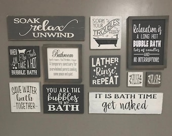 Rustic Bathroom Wood Sign Set, Farmhouse Gallery Wall Decor