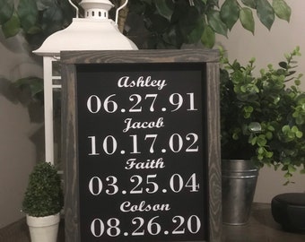 Personalized date sign with names, Family name and birthday sign, significant dates, grandma sign, mom sign, personalized, framed, gift