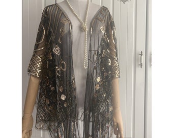Gold Sheer Sequins Kimono, 20s Roaing Cover Up,Cocktail Art Deco Charleston Downton Abbey Bridesmaid Wedding Flapper Gatsby Bertha Shawl