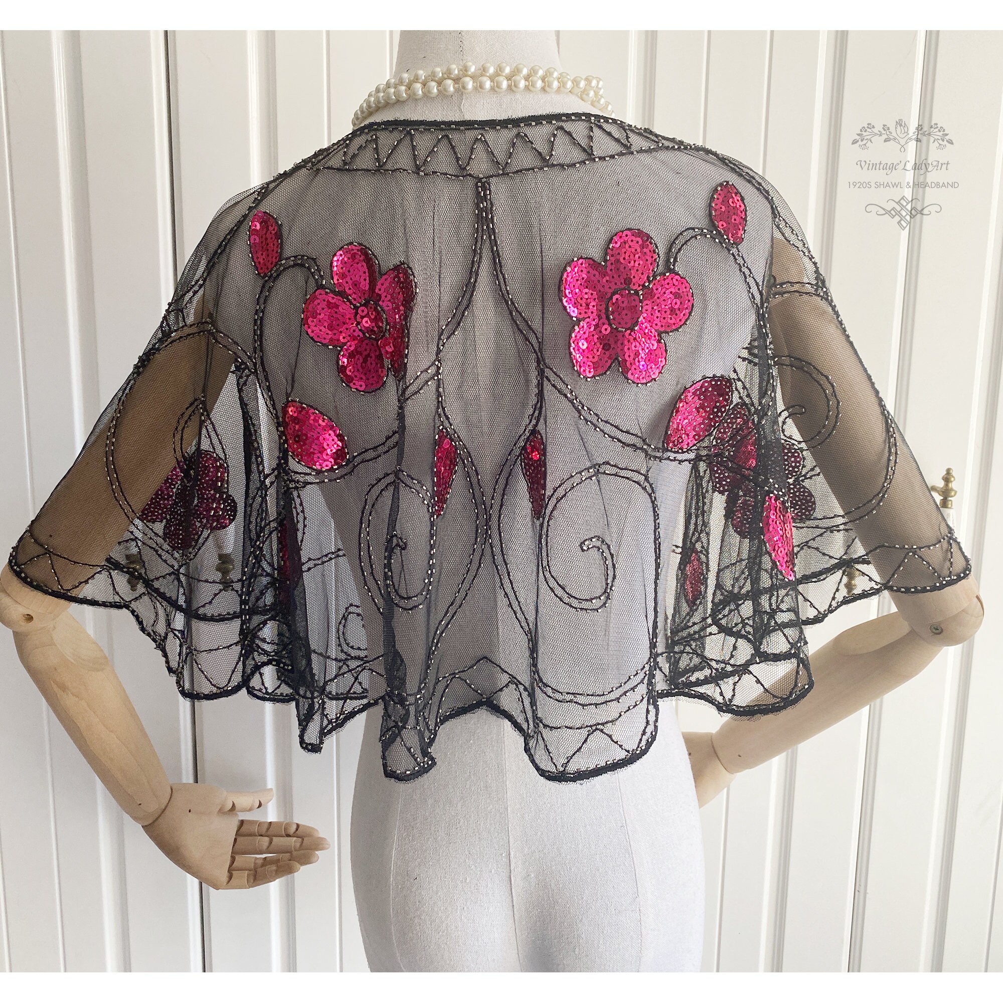 Floral Beaded Mesh Capelet with Scalloped Edge / Gatsby | Etsy