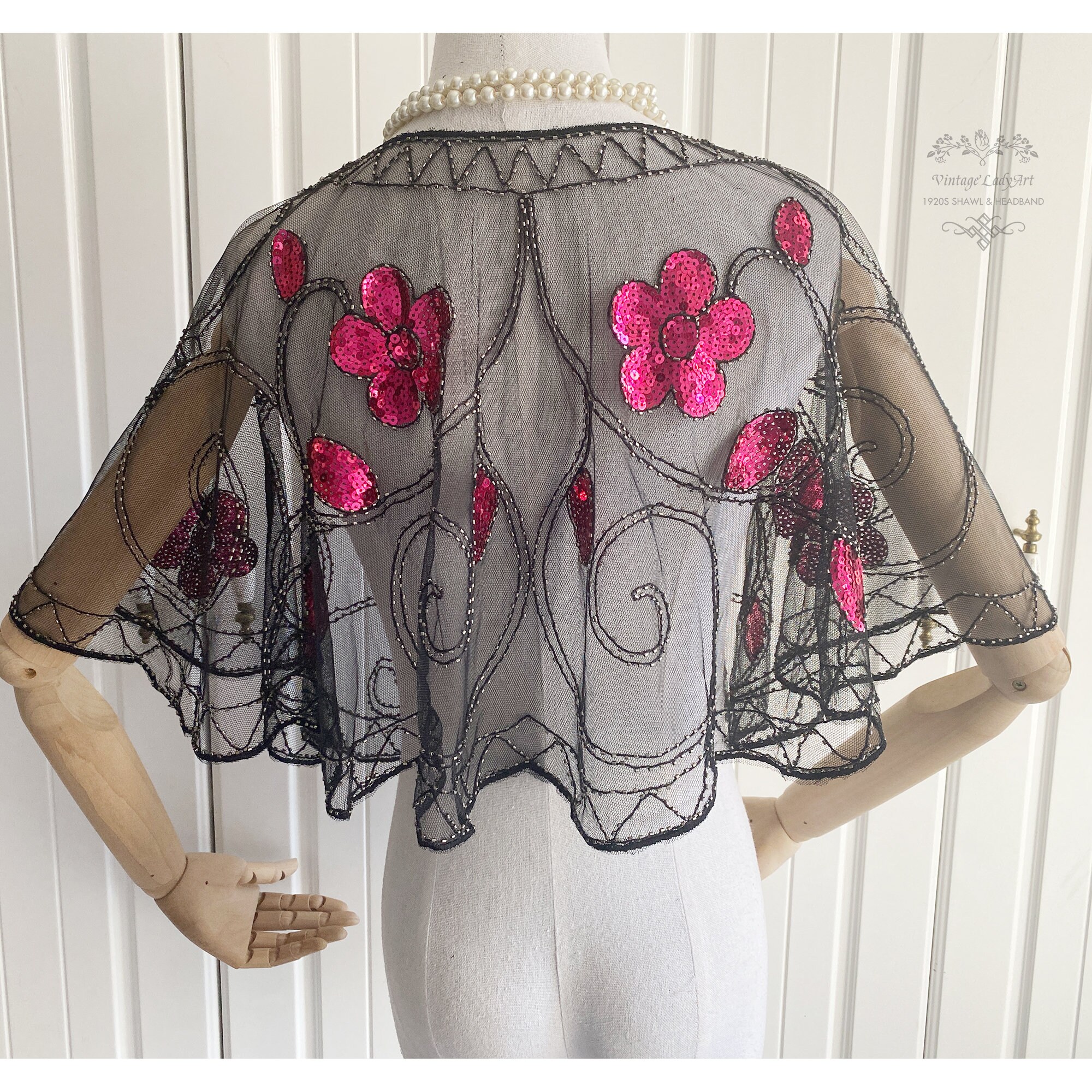 Floral Beaded Mesh Capelet with Scalloped Edge / Gatsby Etsy