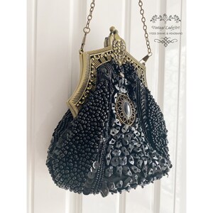 1920s Vintage Black  Bridal Handbag  Beaded and Sequin Evening Bag / Clutch Wedding Party Bag Purse metal rimmed bag Cocktail Party Handbags