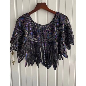 Black Shawl Cape Bolero Shrug with Beaded Armhole Vintage inspired 1920s Great Gatsby Flapper Art Deco(Black Mesh & Colorful Sequins )