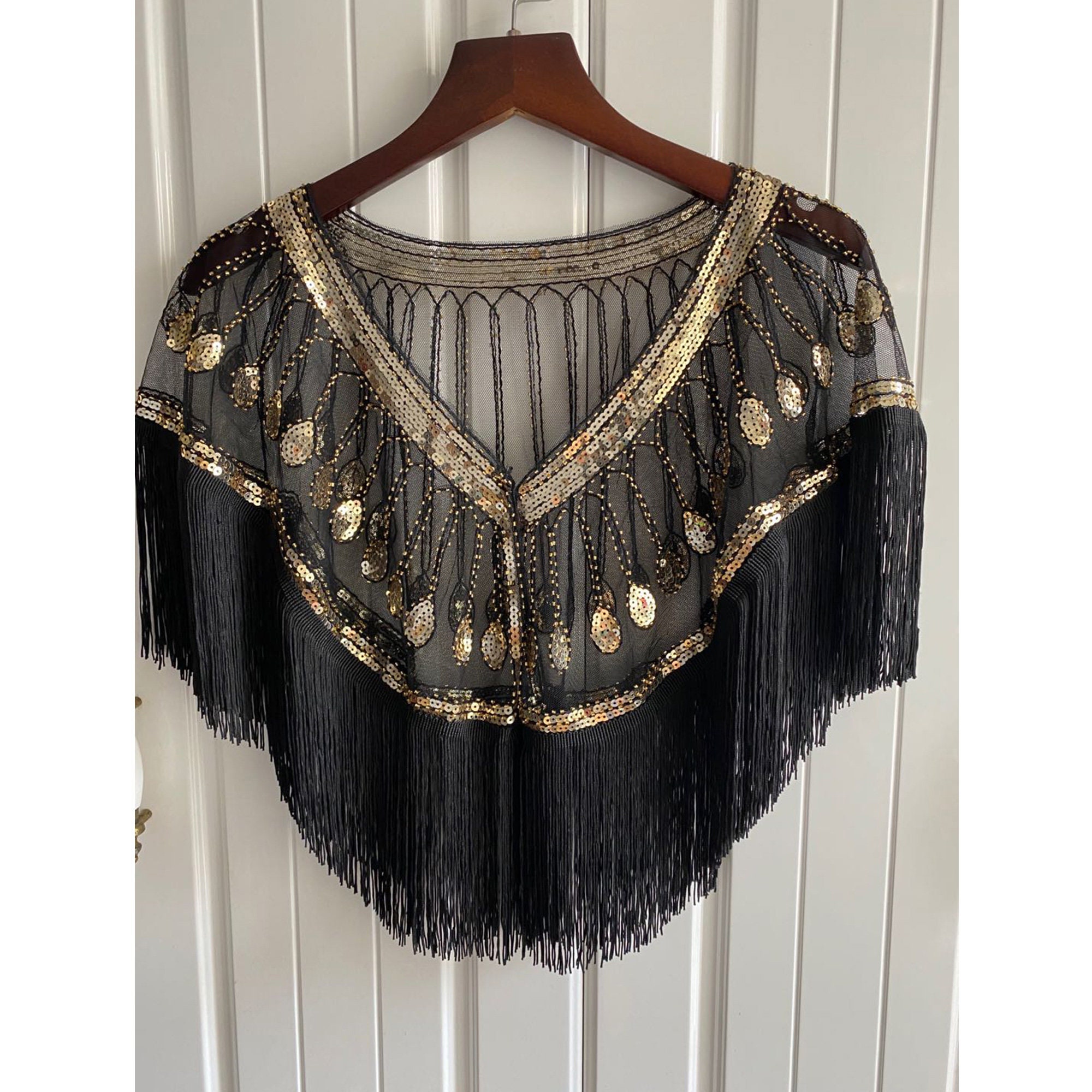 Women's 20s Sequined Shawl With Tassels Fringed Sheer Etsy