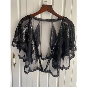 Black Shawl Cape Bolero Shrug with Beaded Bridal Shawl Armhole Vintage inspired 1920s Great Gatsby Flapper Art Deco (Black)