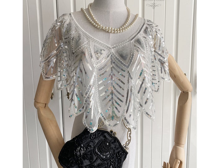 Sequined Beaded Vintage Shawl & 1920S Feather by VintageLadyArt