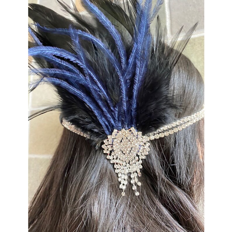 1920s Flapper Headband Roaring 20s Great Gatsby Headpiece Art Deco Accessories  Vintage Feather Wedding Bridal Hair Headband\uff08Black Blue\uff09