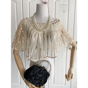 1920s Vintage Beaded Sequin  Mesh Capelet with Scalloped Edge Wedding Wrap Bridal Shawl Gatsby Evening Bolero Cape Wrap Flapper Cover Up