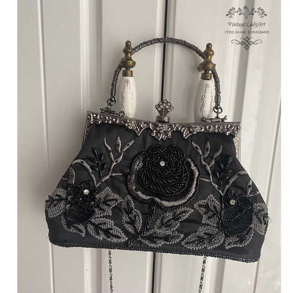 Black Vintage Gatsby Evening Bag for Women Flower Beaded Sequin