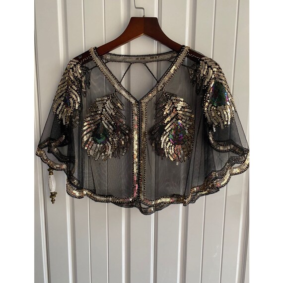 1920s Vintage Style Cape Jacket Embellished Bridal Shawl Capelet Flapper Bolero Cover Up Gatsby Part(Black Mesh+Gold / Colorful Sequined)