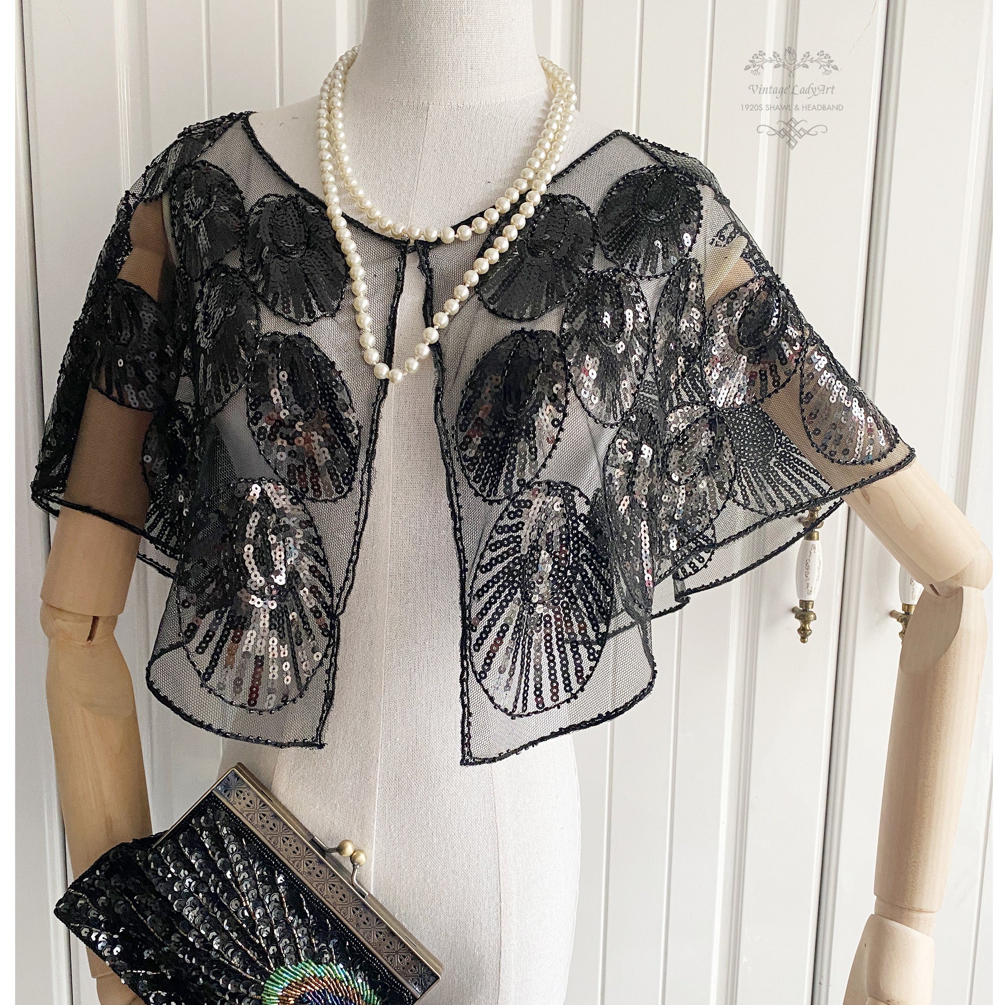 Black Women Shawl Deco Bridal Beaded Mesh Capelet Vintage Etsy