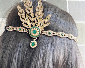 Vintage Gold Green Headpiece 1920s Flapper Headband Leaf Pearl Tassel Headpiece Wedding Bridal Themed Party Hair Accessories