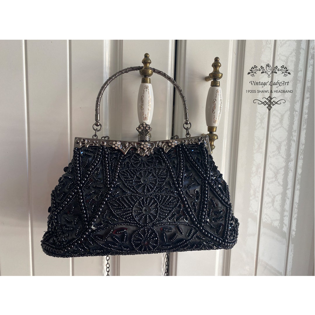 Black Vintage Gatsby Evening Bag for Women Beaded Sequin Pearl Wedding