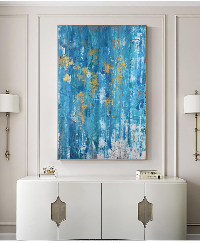 Abstract Canvas Art Blue Gold Painting on Canvas Wall Art Etsy