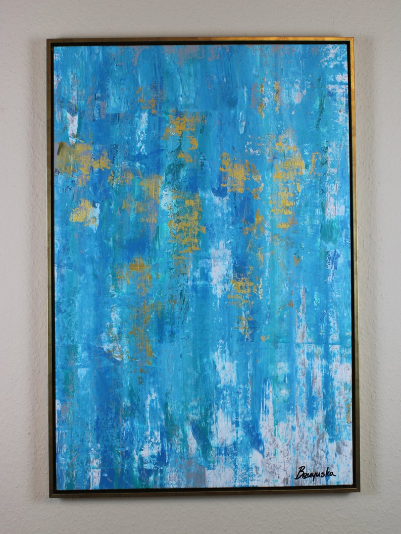 Abstract Canvas Art Blue Gold Painting on Canvas Wall Art Etsy