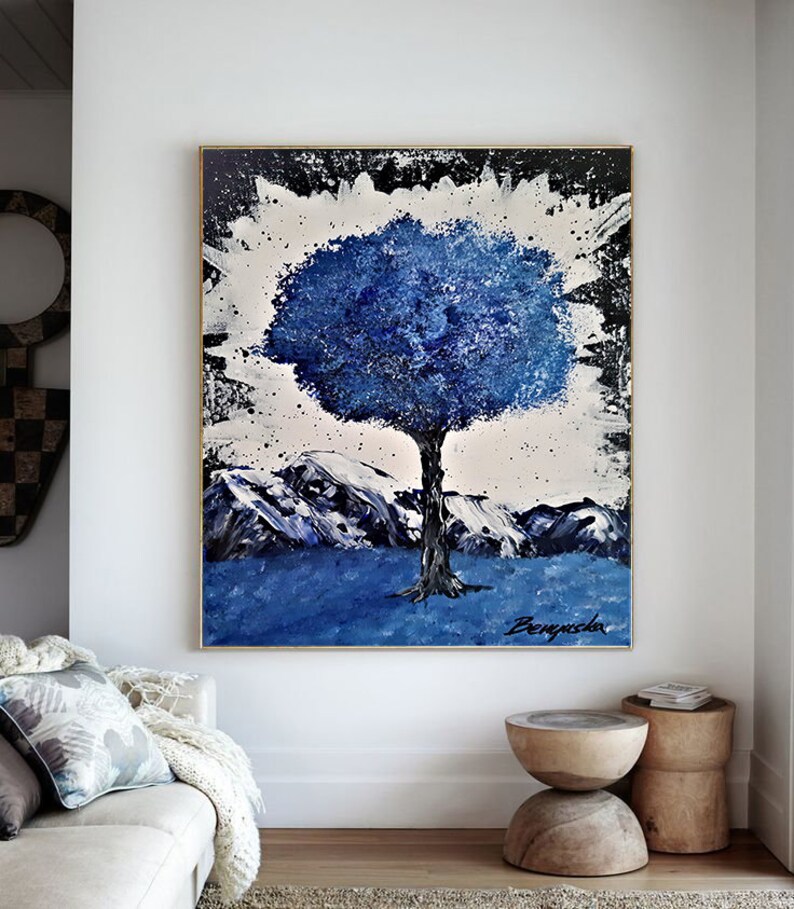 Abstract Tree Art on Canvas Blue Acrylic Painting Wall Decor Etsy