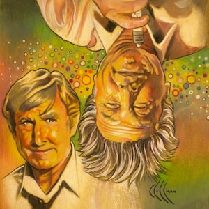 May include: A colorful illustration of two men, one standing and one upside down. The man standing has short brown hair and is wearing a white shirt. The man upside down has gray hair and is wearing a white shirt. The background is a green and yellow color with colorful dots.