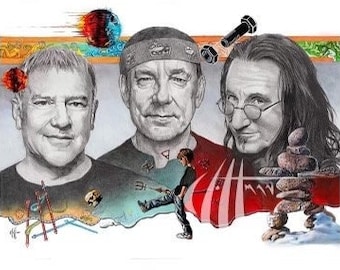 May include: A black and white drawing of three men. The man on the left is wearing a dark shirt. The man in the middle is wearing a red shirt and a bandana. The man on the right is wearing a dark shirt and has long hair. The drawing is set against a colorful background.