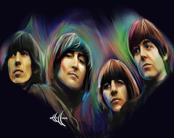 May include: A digital painting of four men with dark hair and colorful backgrounds. The men are looking in different directions. The painting is done in a realistic style.