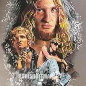 May include: A black and white illustration of a musician with long blonde hair. The illustration is a collage of three different images of the musician at different ages. The musician is wearing a black leather jacket, blue jeans, and a white t-shirt.