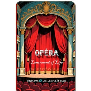May include: A rectangular graphic featuring a theater stage with red curtains and the word "OPÉRA" in white. Below the word "OPÉRA" is the text "Lenormand of Life". The stage is framed by teal and gold architectural details, with rows of red seats in the foreground.