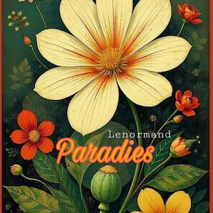 May include: A botanical illustration featuring a large, cream-colored flower with orange accents, surrounded by other flowers in shades of orange and yellow. The word "Paradies" is written in orange script. The background is a dark green.