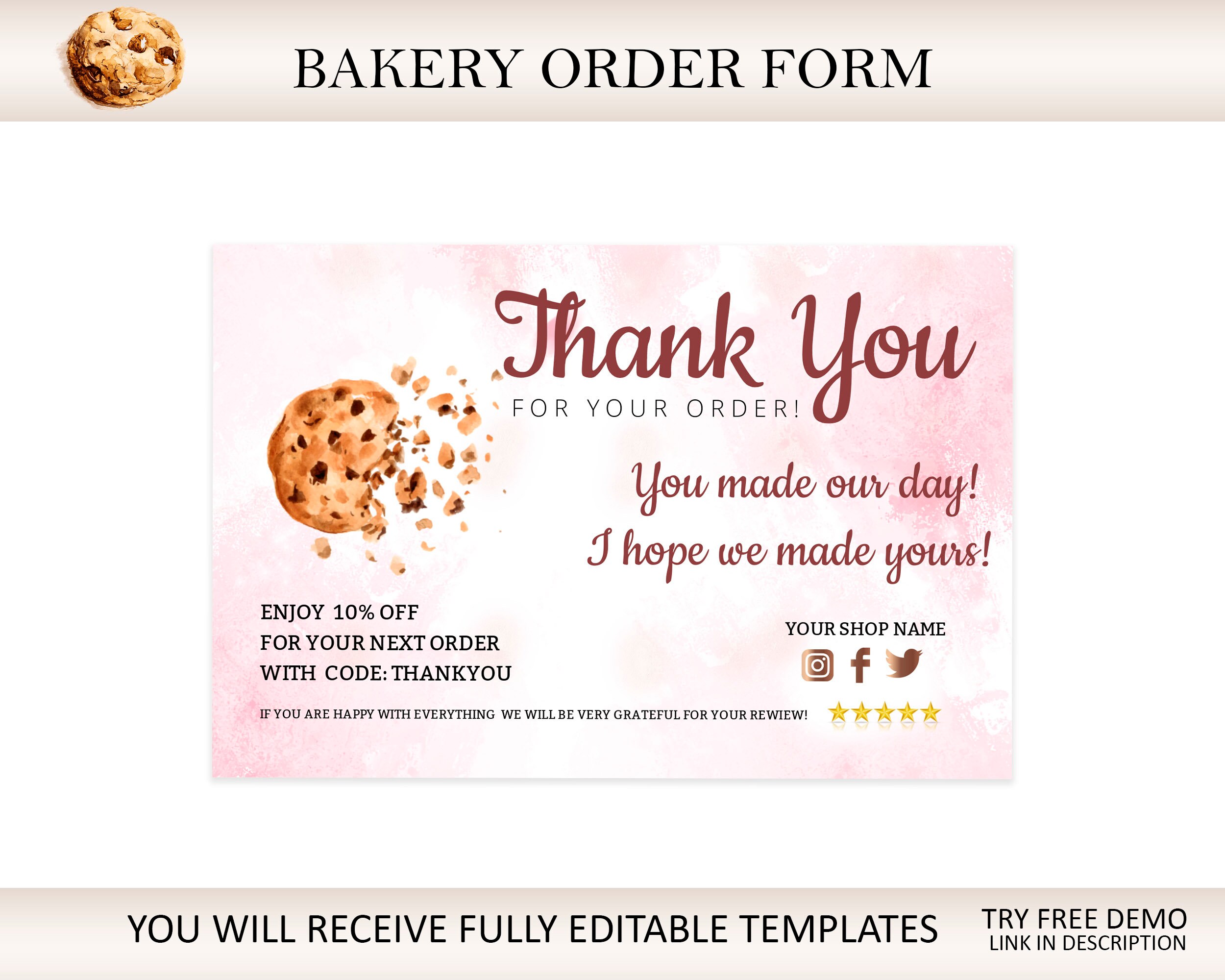 Bakery Business Thank you card Insert Packaging Card Order Etsy