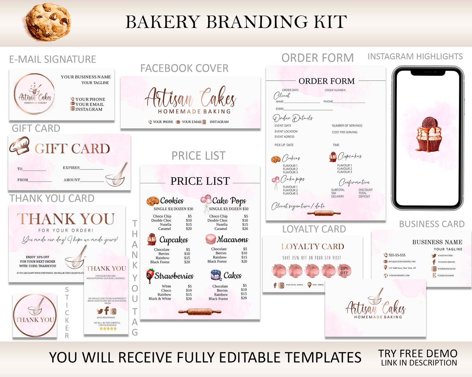 11 Pieces Full Bakery Branding Kit Editable Bakery Branding | Etsy