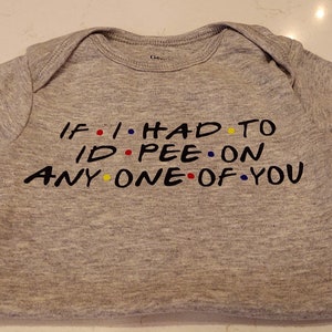 May include: A gray baby onesie with the text "IF I HAD TO ID PEE ON ANY ONE OF YOU" in black, with colorful dots. The onesie is made of a soft material.
