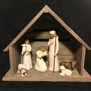 Rustic Barnwood Weathered Nativity Stable /Creche / Barn / Manger /Shed/Scene Compatible with Willow Tree Figurines (Figurines NOT included)