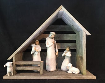 Rustic Barnwood Weathered Nativity Stable /Creche / Barn / Manger /Shed/Scene Compatible with Willow Tree Figurines (Figurines NOT included)