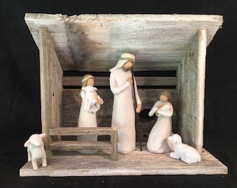 Rustic Barnwood Weathered Nativity Stable /Creche / Barn/ Manger / Shed Scene Compatible with Willow Tree Figurines (Figurines NOT included)