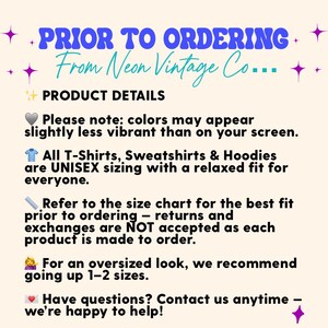 May include: A cream-colored graphic with text in blue and teal. The text reads "PRIOR TO ORDERING" and "From Neon Vintage Co..." followed by product details. The details include sizing information and a note about returns.