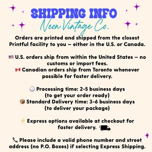 May include: Text on a cream background with purple star accents. The text reads "SHIPPING INFO" in blue, and "Neon Vintage Co." in teal. Additional text details order processing and delivery times.